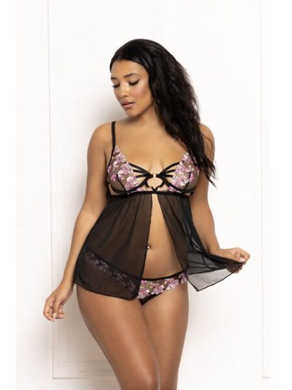 SEVEN TIL MIDNIGHT - MULTICOLOURD EMBROIDED FLORAL GALLOON LACE AND MESH BABYDOLL